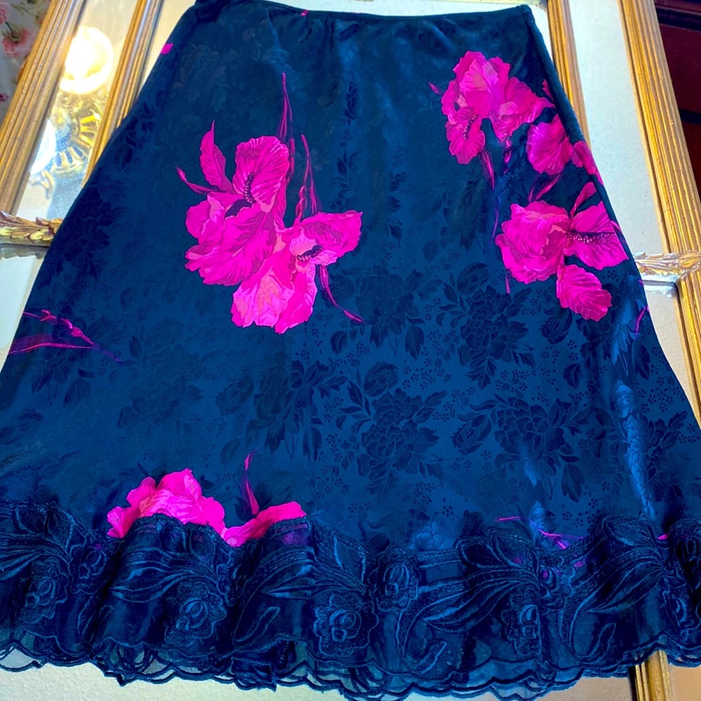 Gorgeous 100%silk Betsey Johnson Skirt , biascut . elastic waist, lace hemline.